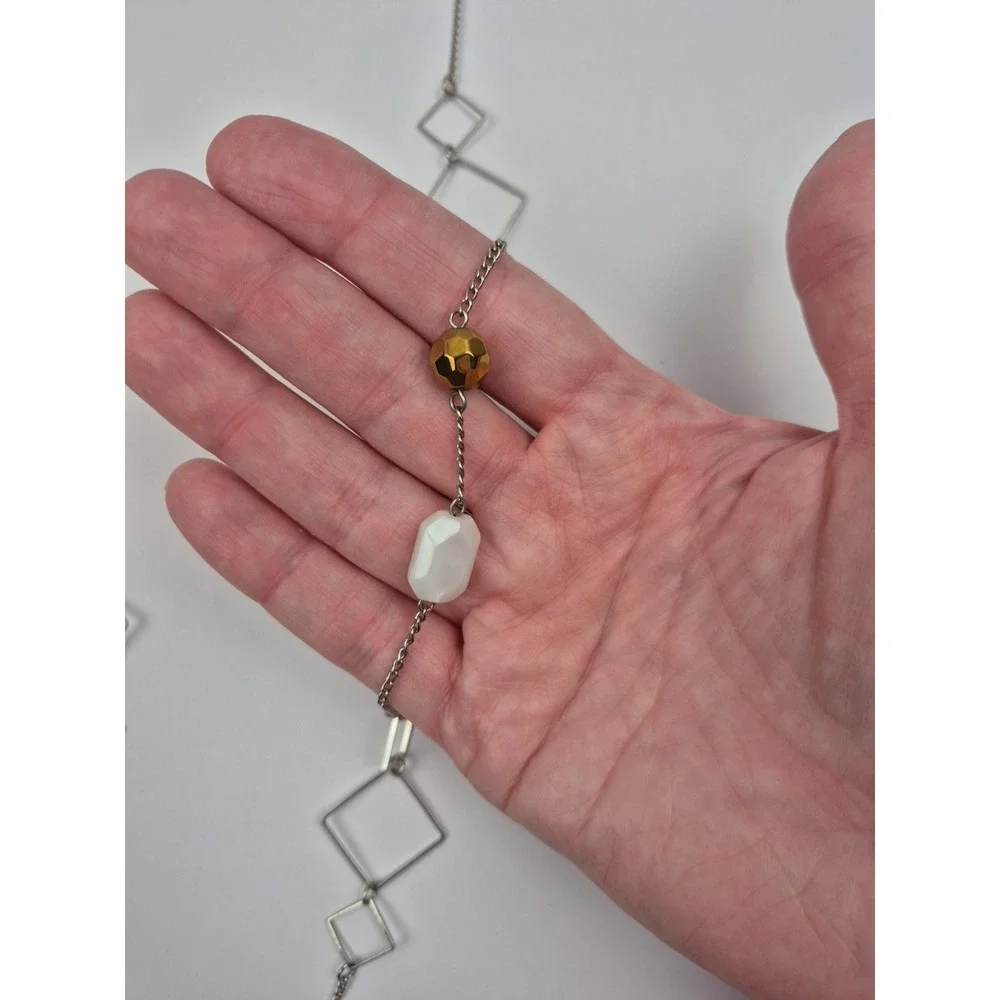 Silver‎ Tone Women Long Necklace Geometric White Beads Jewelry Costume Statement